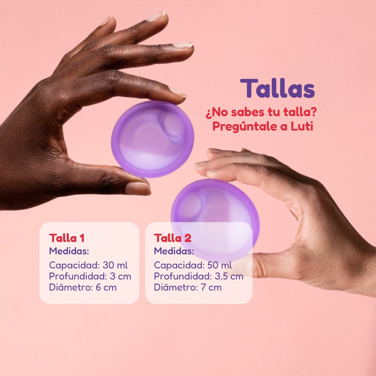 Tallas del disco menstrual Luteas: talla 1 de 30 ml y talla 2 de 50 ml
