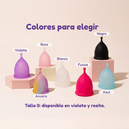Colores de la copa menstrual Luteas: violeta, rosa, blanco, negro, fucsia, azul y arcoíris