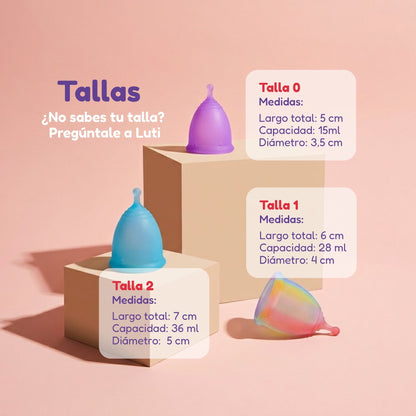 Tallas de la copa menstrual Luteas 0, 1 y 2 con medidas de largo, capacidad y diámetro